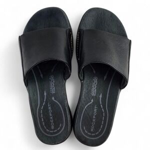 Rockport DMX Women's Black Leather Slide Sandals White Stitch Lightweight 5M